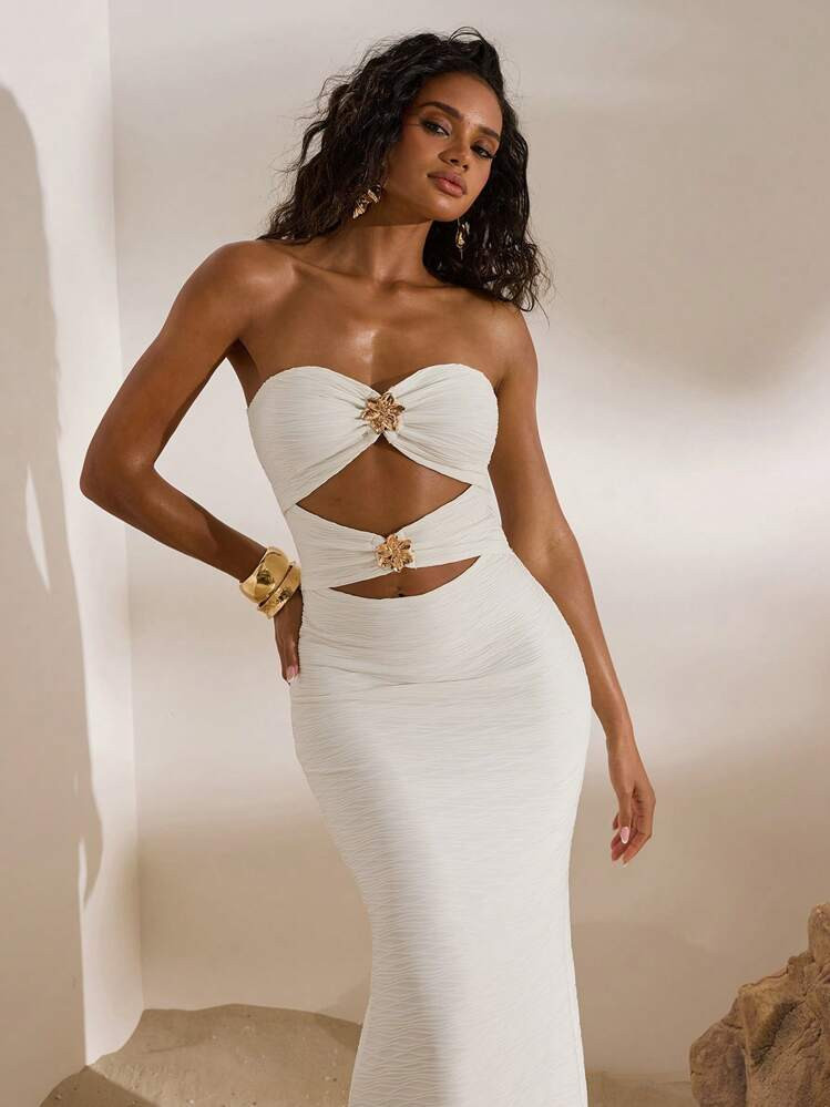 Opulessa Solid Color Knit Fitted Strapless Hollow Out Fish Tail Dress For Ladies, Resort Wear,Vacation Style,Knitted,Bohemia Beach Vacation Outfits,Boho Chic,Holiday Festival Outfits,Beach Outfits For Woman,Graduation Outfit,Birthday Outfits For Women,Beach Essentials,Airport Outfit For Women, Women,Club Outfit, Country Outfits Women, Tea Party Dress, Birthday Dress, Boho Clothes Women, Suitable For Vacation, Beach , Music Festival , Brunch , Wedding Guest Attire, Bridesmaid ,Going Out, Concert, Party, Club Outfits,For Autumn And Winter,Sexy Elegant Party,Graduation,Prom,Luxury Evening, National Day, Mermaid, Bohemian Outfits, Ibiza Outfits, Western Style | SHEIN