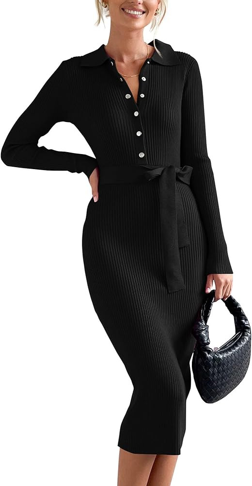 BTFBM 2024 Women V Neck Long Sleeve Bodycon Sweater Dress Button Up Tie Waist Ribbed Knit Midi Pe... | Amazon (US)