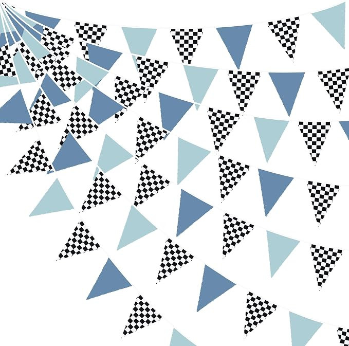 32Ft Racing Party Decorations Dusty Blue Black White Checkered Racing Car Fabric Banner Triangle ... | Amazon (US)