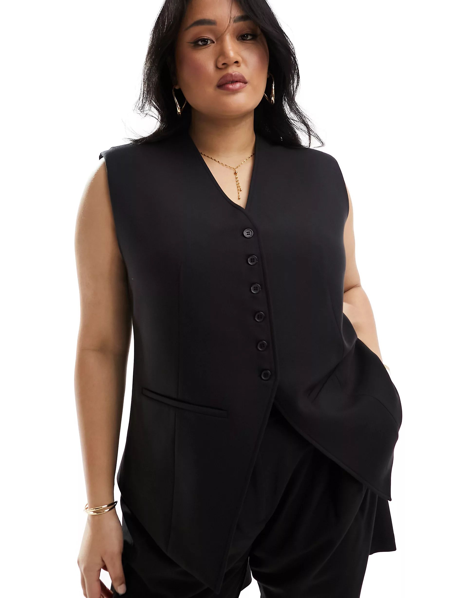 ASOS DESIGN Curve longline exaggerated shoulder waistcoat in black | ASOS (Global)