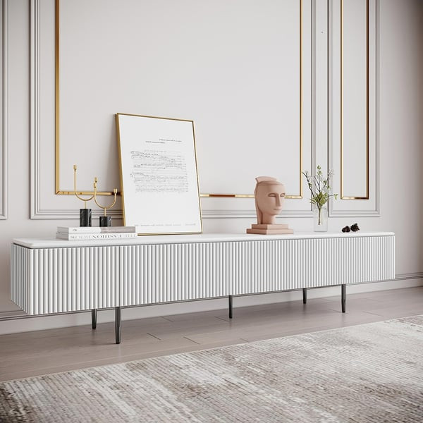 86.6" Marble Top Rectangular TV Console with 4 Drawers & 2 Doors in Champagne | Homary