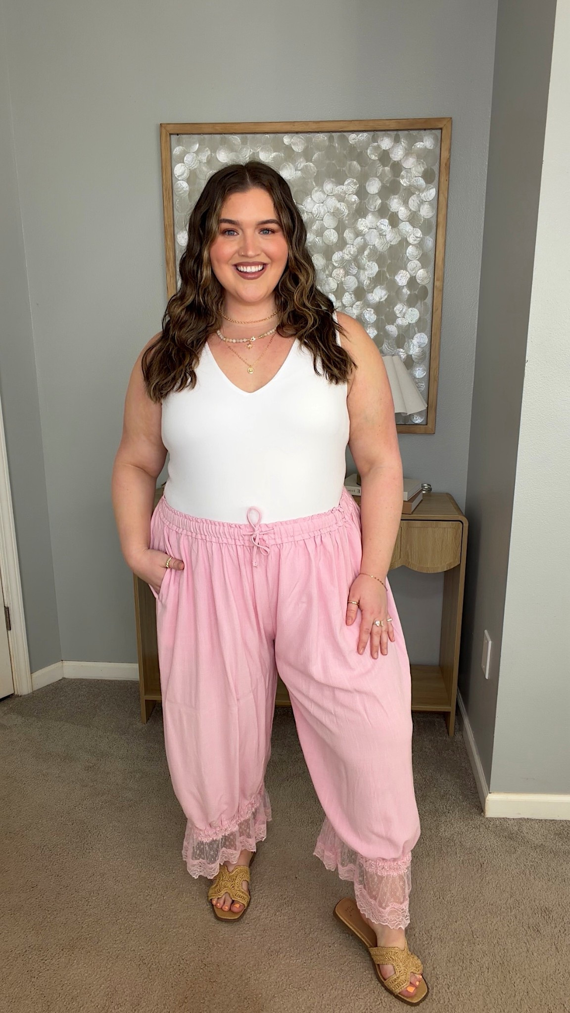 Comfy casual everyday outfit for Spring. Lightweight bloomer soft pants with lace detail 🩷 Size XXL. Paired with bodysuit + sandals 

#LTKPlusSize #LTKdayinmylife #LTKootd