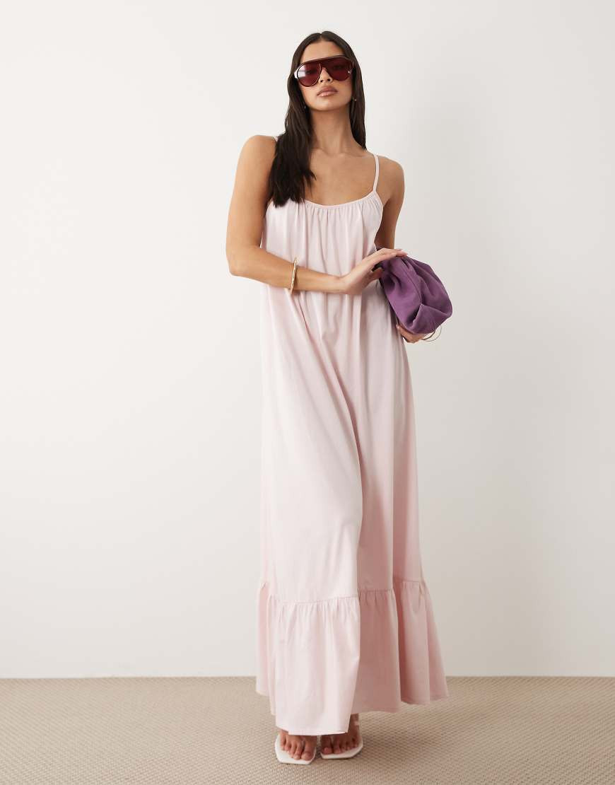 Gina Tricot pure cotton flowy strappy maxi dress in pink | ASOS (Global)