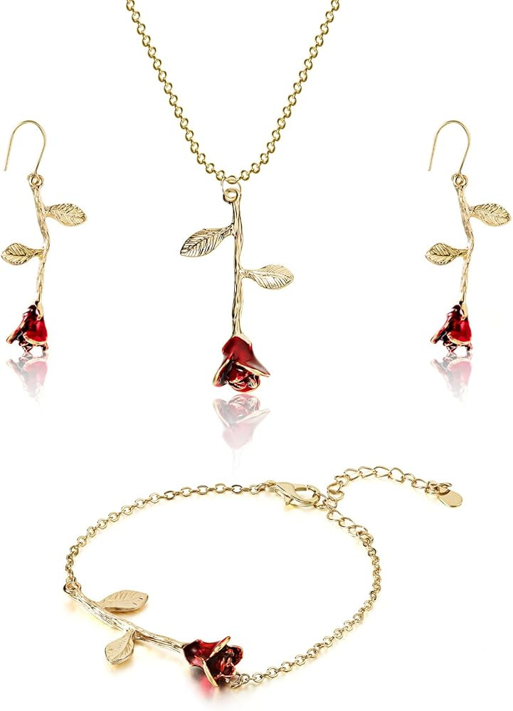 Sureio 18K Gold Plated Jewelry Set Rose Necklace Bracelet Earrings Red Rose Flower Pendant for Ch... | Amazon (US)