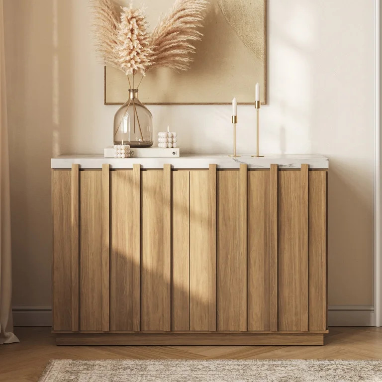 BELLEZE Modern Buffet Sideboard with Faux Marble Top, 47" Wood Fluted Coffee Bar Cabinet, 2-Door ... | Walmart (US)