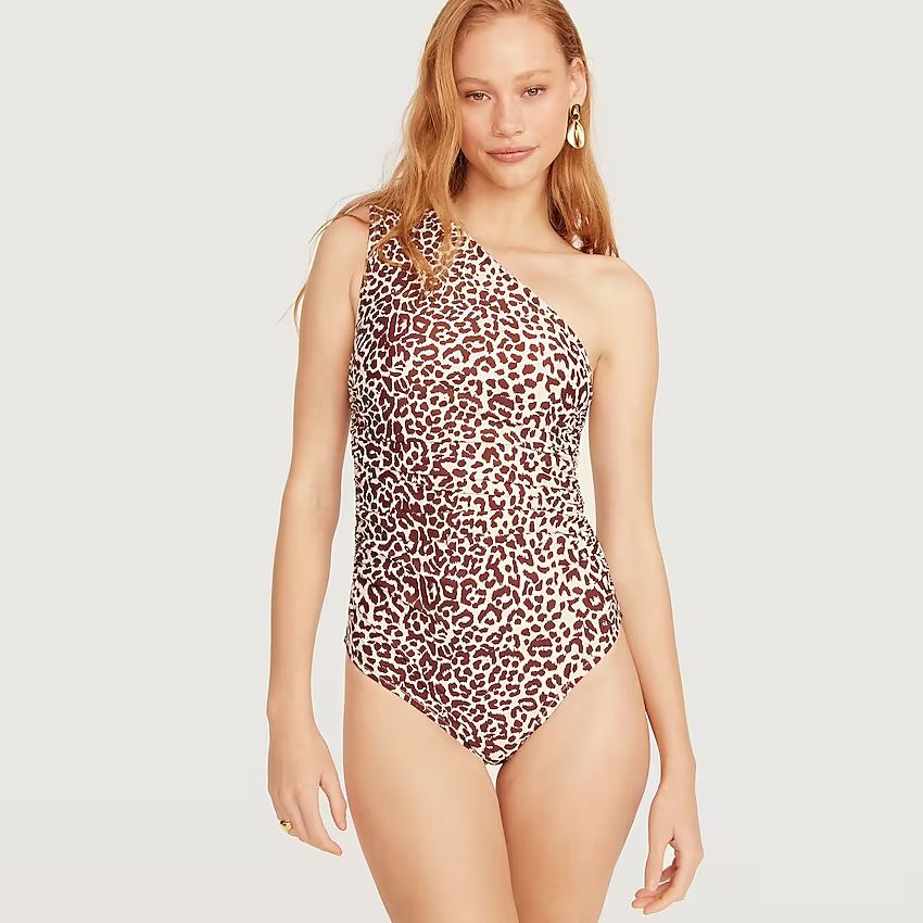 Long-torso ruched one-shoulder one-piece in leopard print | J.Crew US