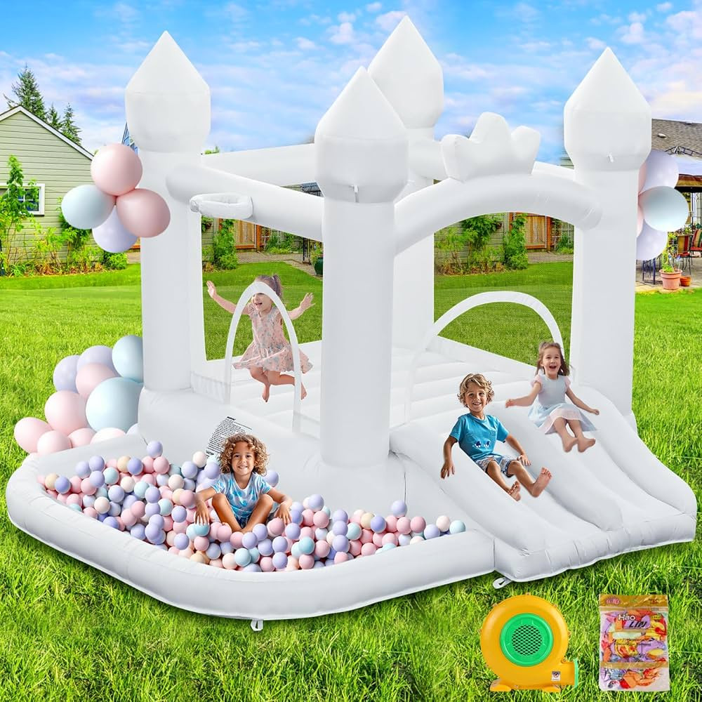 White Bounce House, Inflatable Bounce Castle with Double Slide Ball Pit 370W Blower Bouncer for T... | Amazon (US)