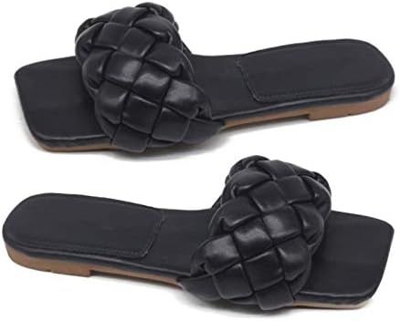 BHJKL Women's Open Square Toe Flat Sandals,Women's Braided Flat Sandals Square Open Toe Slide. | Amazon (US)