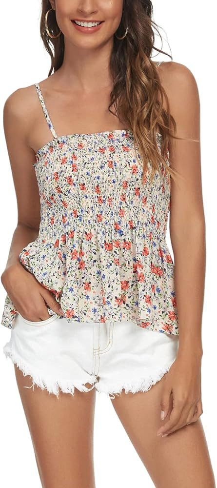 Tribear Women's Casual Frill Smocked Cami Tank Tops Floral Shoulder Strap Vest | Amazon (US)