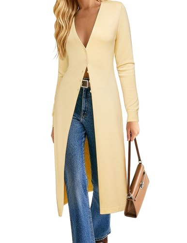 GRACE KARIN Womens Long Cardigan Trendy, Lightweight Knit Dusters Coat, V Neck Button Up Sweater Maxi Dress Yellow S | Amazon (US)