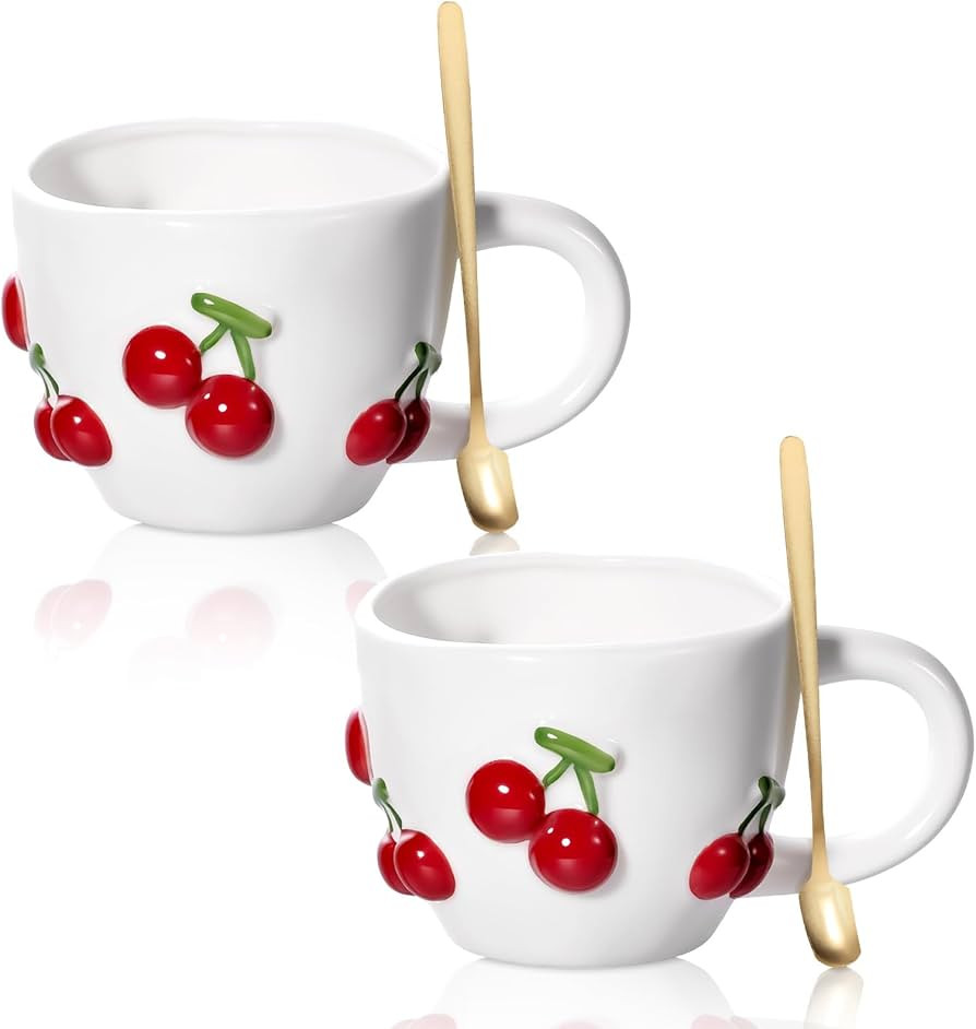 2 Pcs Cherry Icon Cup 12 oz Red Cherry Ceramic Coffee Mug with Handle and Spoons Aesthetic Latte ... | Amazon (US)