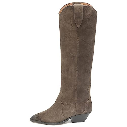 YIYA Women's Brown Suede Cowboy Knee High Boots, Classic Western Cowgirl Pointed Toe Chunky Low Heels Wide Calf Retro Country Vintage Fashion Tall Boots | Amazon (US)