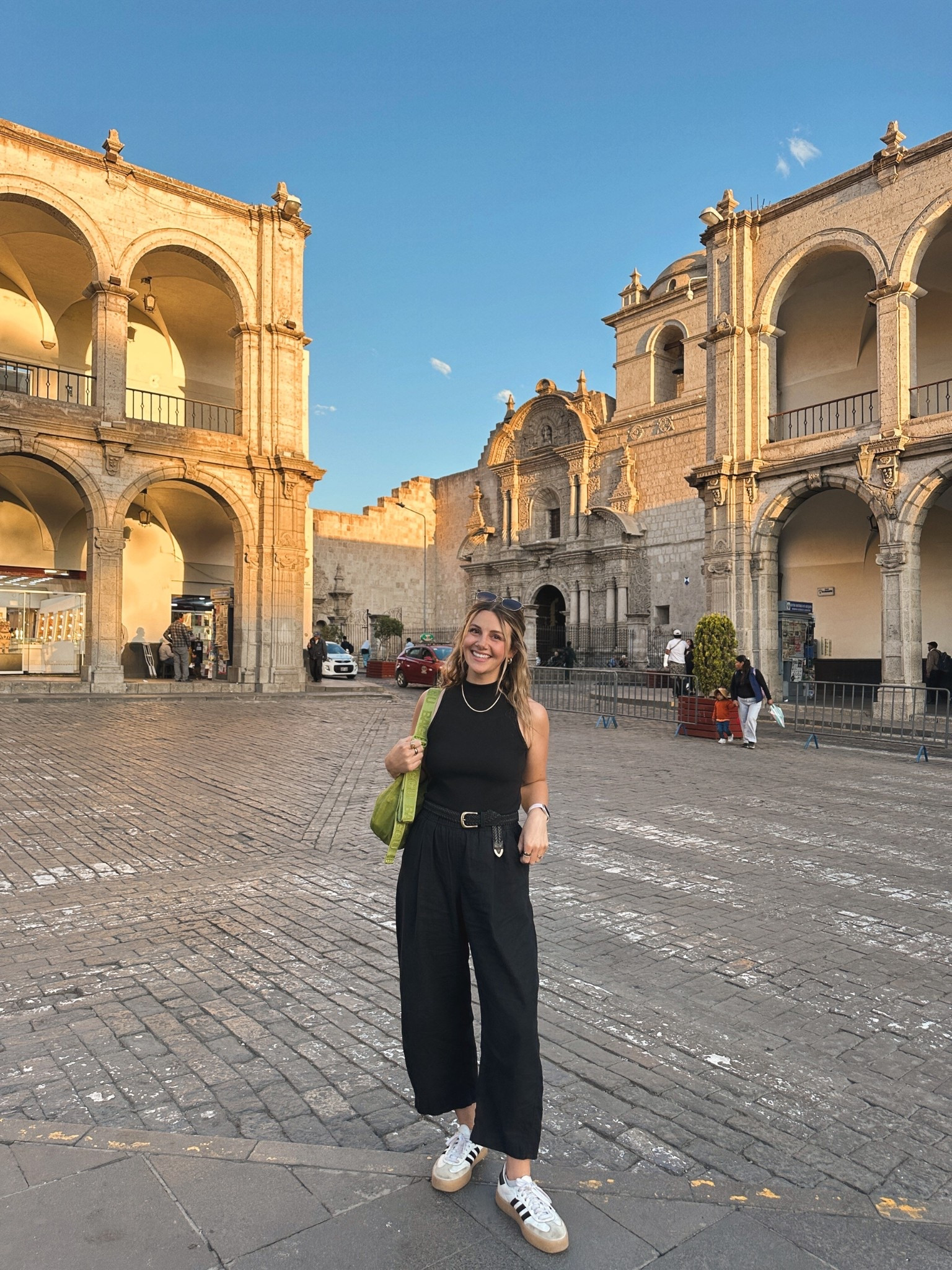 Outfit for a walking tour and dinner in Arequipa, Peru 

I’m in a small in the pants but could have sized down as the waist is roomy.
These pants have been such a great staple for my trip. They’re my go-to travel pant and can be dressed up easily as I did here! No belt loops but I just layered a belt over the waist band. 