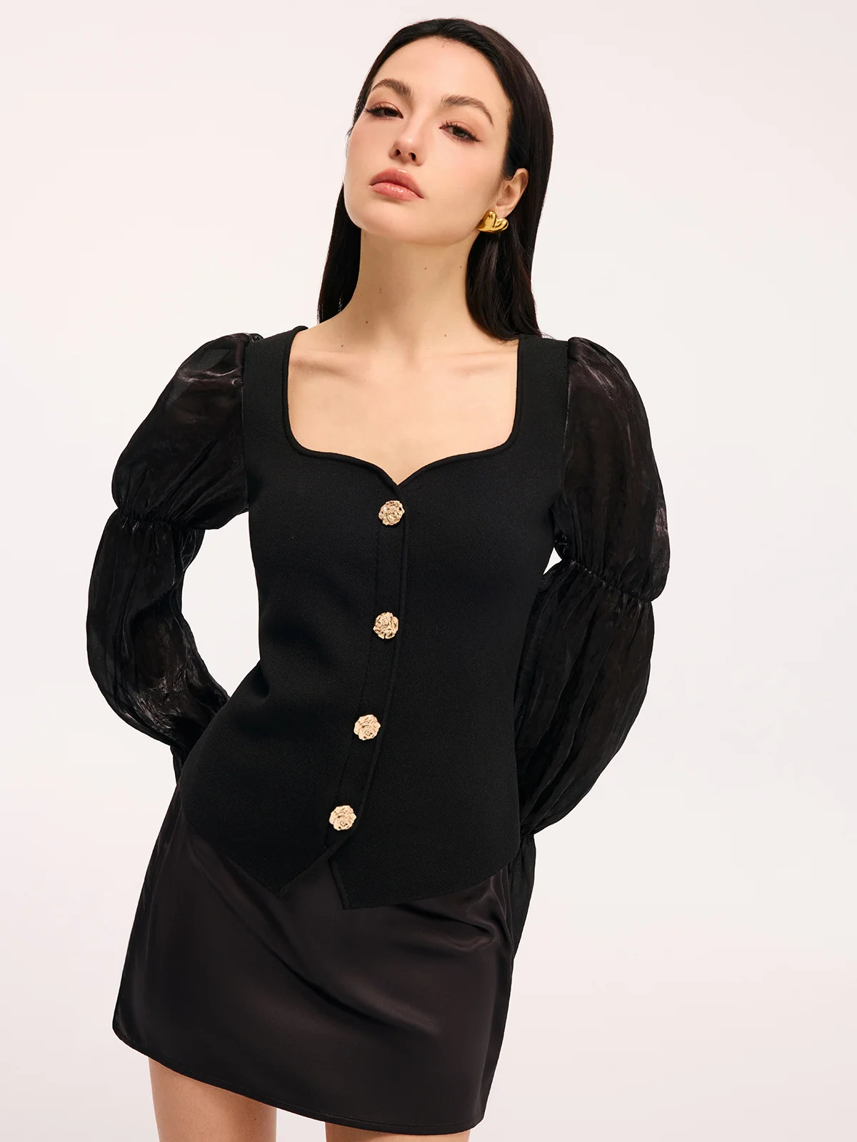 Metal Button Puff Sleeve Knit Square Neck Top | Commense