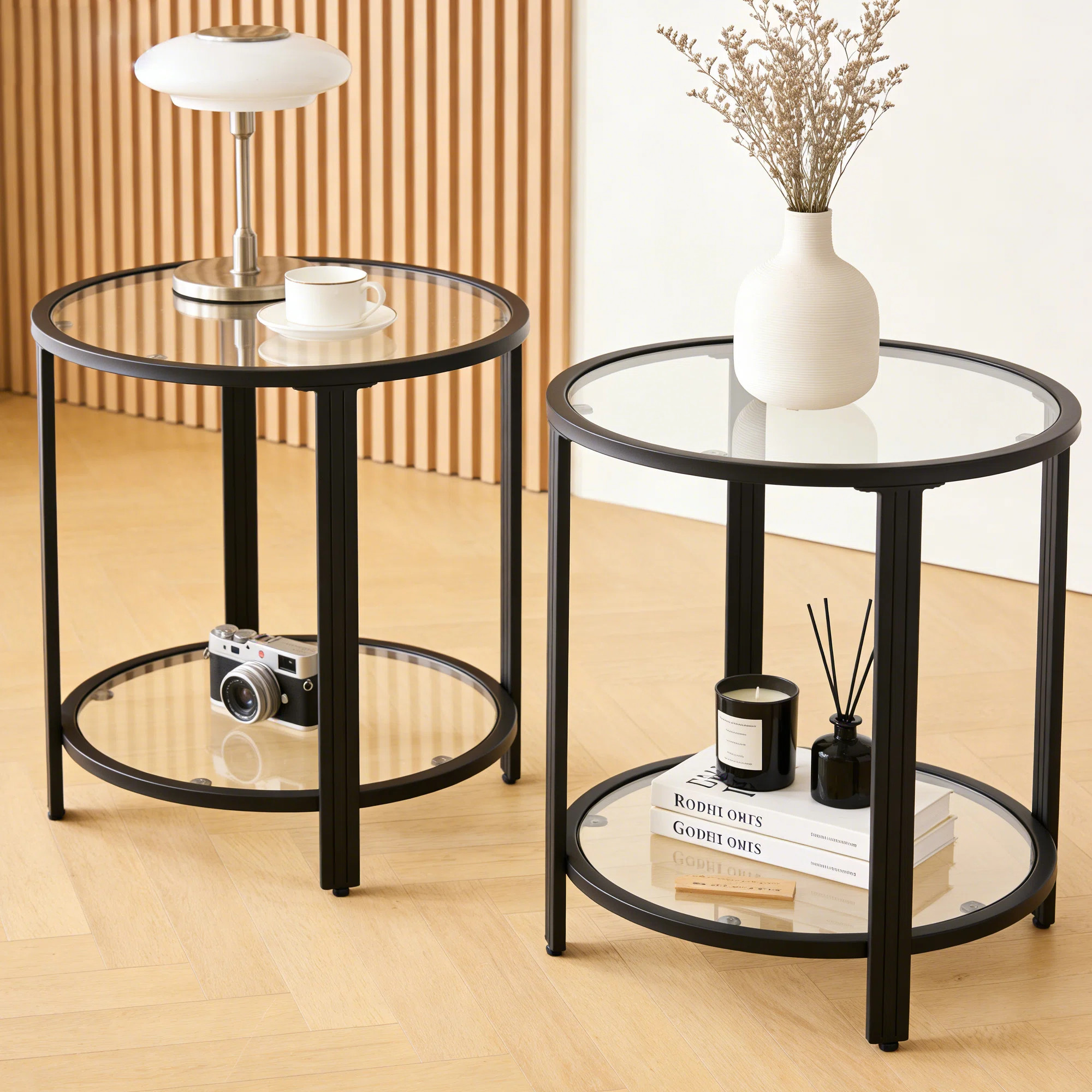 Latitude Run® Glass Top End Table,round Side Table With Storage Shelf For Bedroom,living Room, B... | Wayfair North America