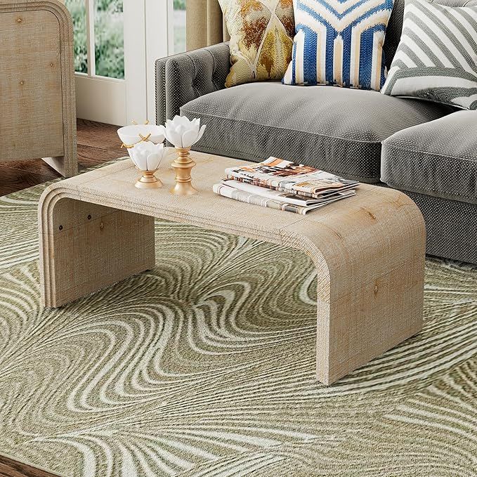 Minimalist Coffee Table with Curved Art Deco Design for Living Dining Room, Natural Wood Wash | Amazon (US)