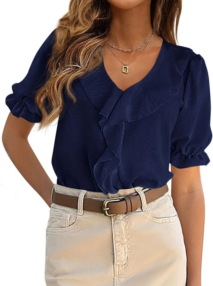 PRETTYGARDEN Women's Summer Dressy Casual Blouses 2026 Short Sleeve V Neck Ruffle Business Work T... | Amazon (US)