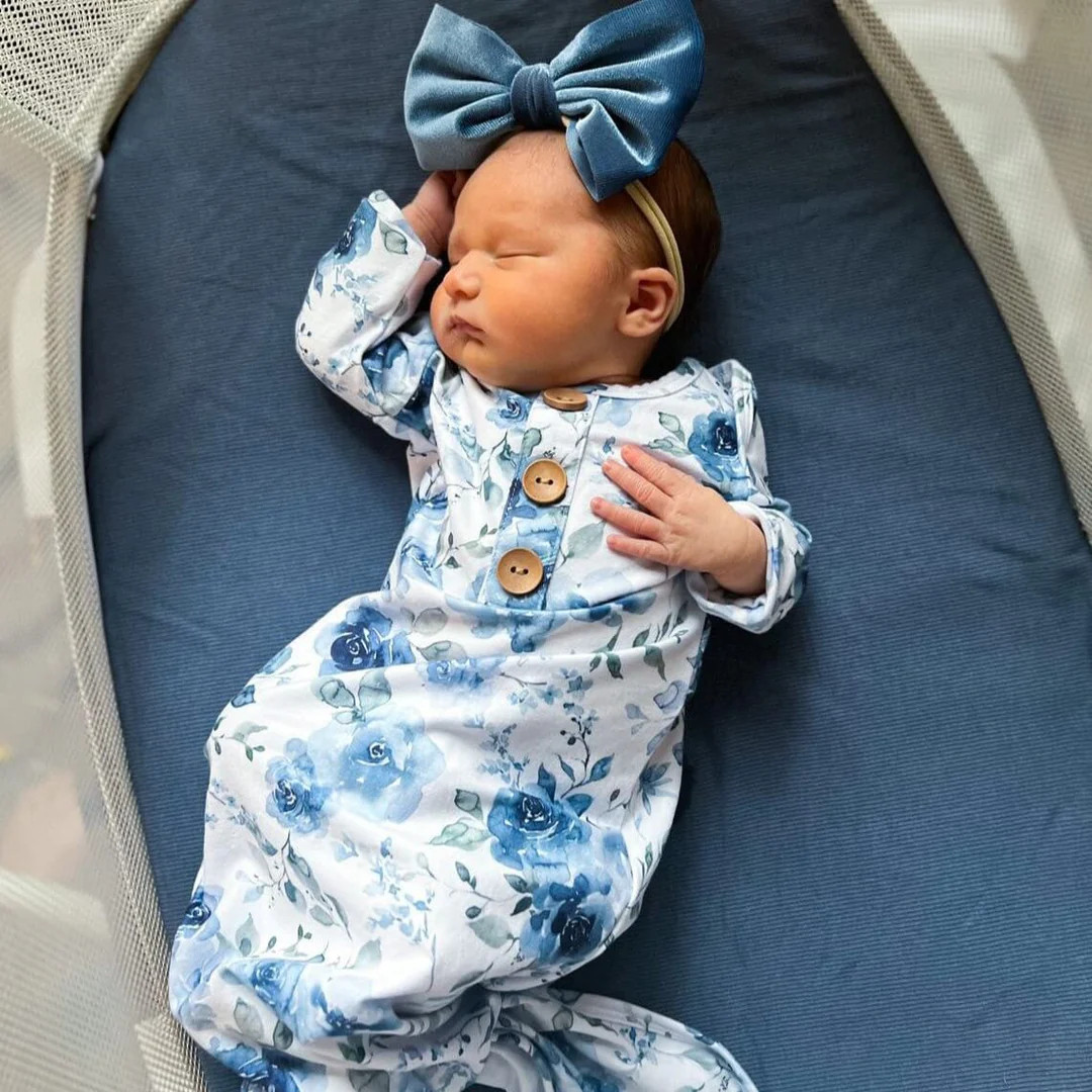 Bailey's Blue Floral Newborn Baby Knot Gown & Hat Set | Caden Lane