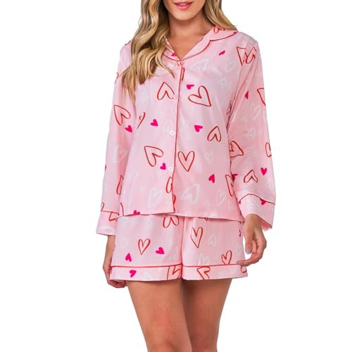 Seyurigaoka Valentin's Day Pajamas Shorts Set for Women Sweet Heart Pjs Long Sleeve Button Down Shirt+Pants 2 Piece Valentin Jammies Loungewear(Sweet Heart Pink,Small | Amazon (US)