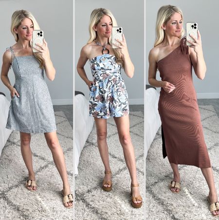 Old Navy resort wear part 2 of 2. Linen stripe dress has pockets and adjustable tie straps. Floral romper ties at neck and has pockets. Wearing XSP in both of these. Brown one shoulder dress is ribbed, ties at shoulder and has a shelf bra. Wear SP in this dress. 

#LTKunder50 #LTKFind #LTKstyletip