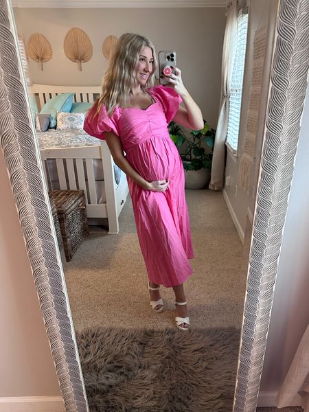 Pink Sweetheart Neck Puff Sleeve Linen Maternity Midi Dress

#LTKtravel #LTKfamily #LTKbump