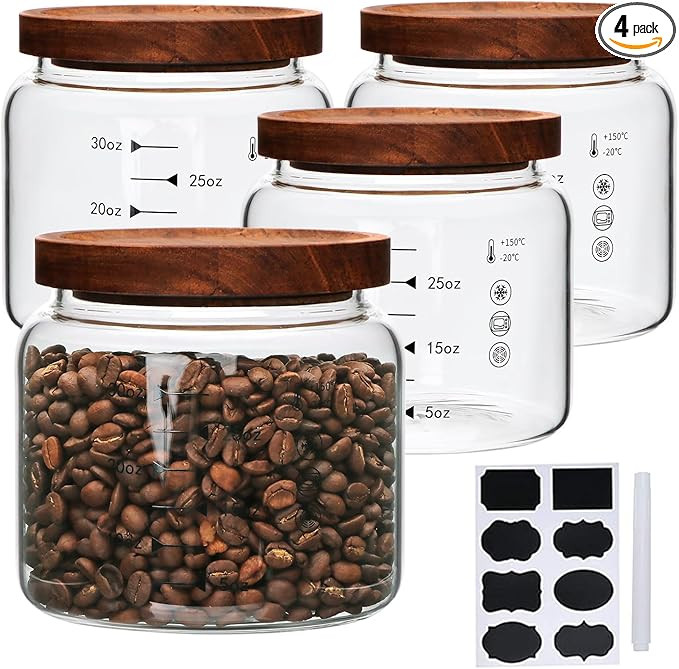 Glass Jars,Set of 4 Glass Food Storage Containers with Wooden Lids,Clear Glass Canister Sets for ... | Amazon (US)