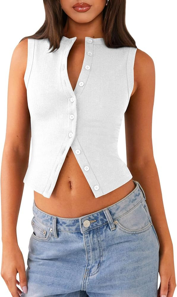 Womens Button Down Tank Top Sleeveless Ribbed Fitted Vest Casual Crewneck Trendy Y2K Going Out Cr... | Amazon (US)