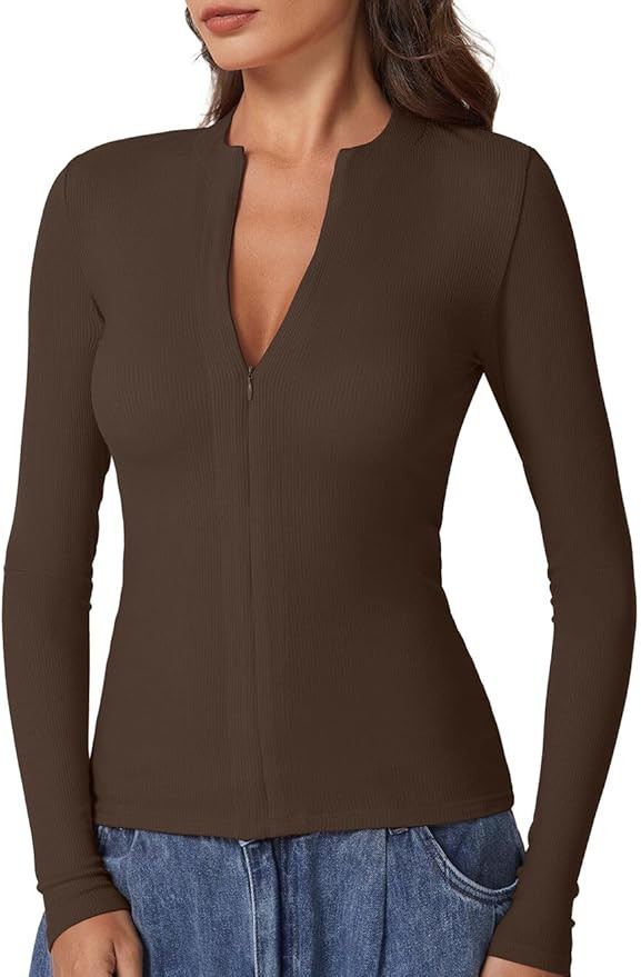 QINSEN Long Sleeve Shirts for Women Crewneck Half Zipper Ribbed Knit Going Out Tops Full Length B... | Amazon (US)