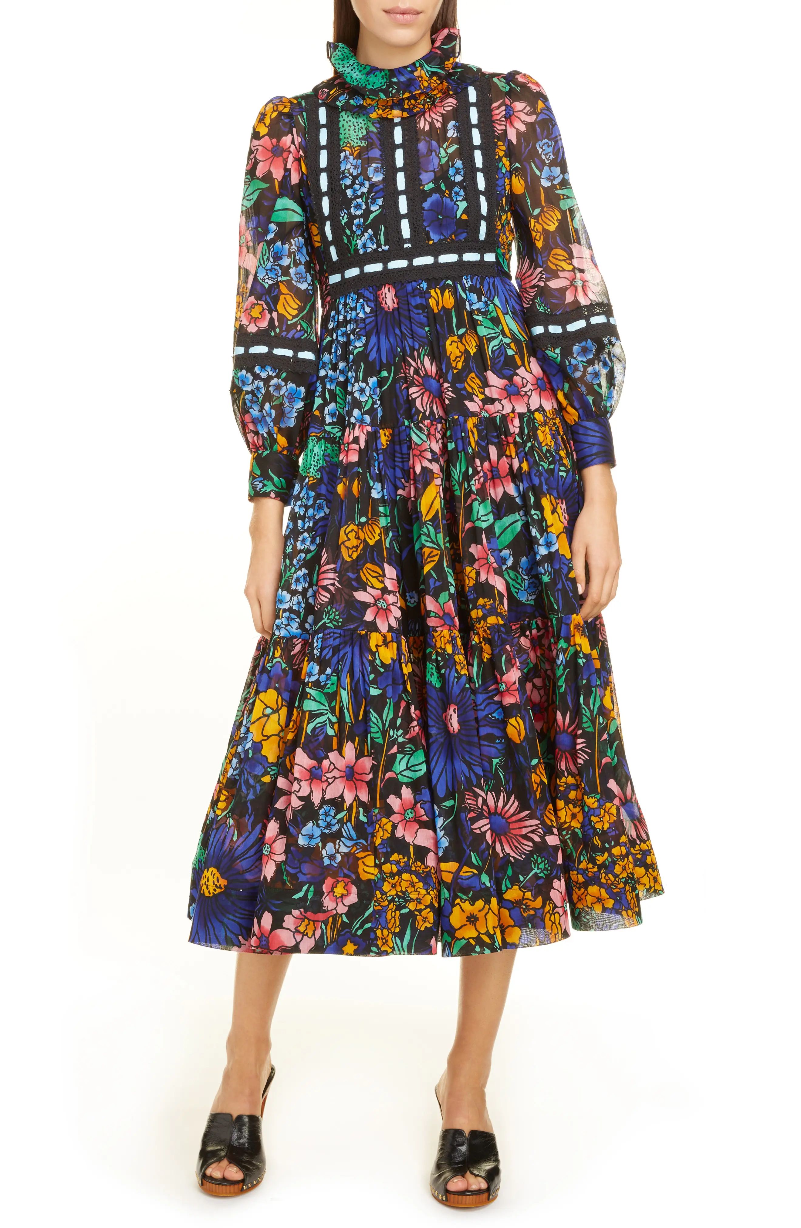 Women's Runway Marc Jacobs Lace Inset Floral Tiered Midi Prairie Dress, Size 6 - Black | Nordstrom