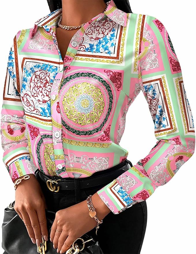 Buchona Outfits for Women Collar Blouses Button Down Shirts Colorful Long Sleeve Floral Print Top... | Amazon (US)