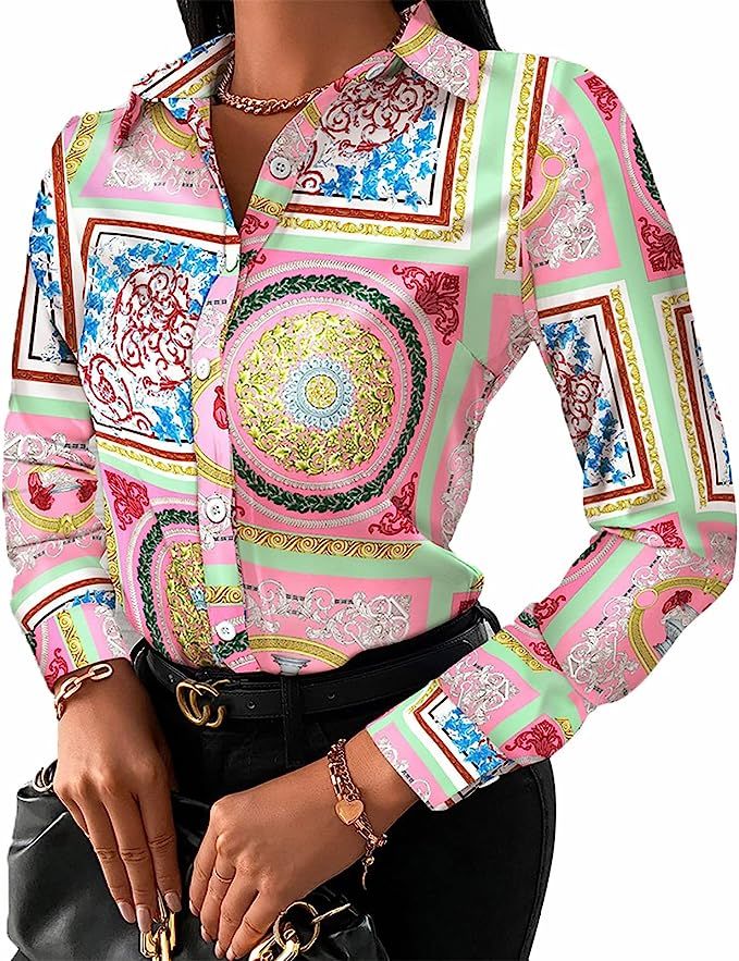 Buchona Outfits for Women Collar Blouses Button Down Shirts Colorful Long Sleeve Floral Print Top... | Amazon (US)
