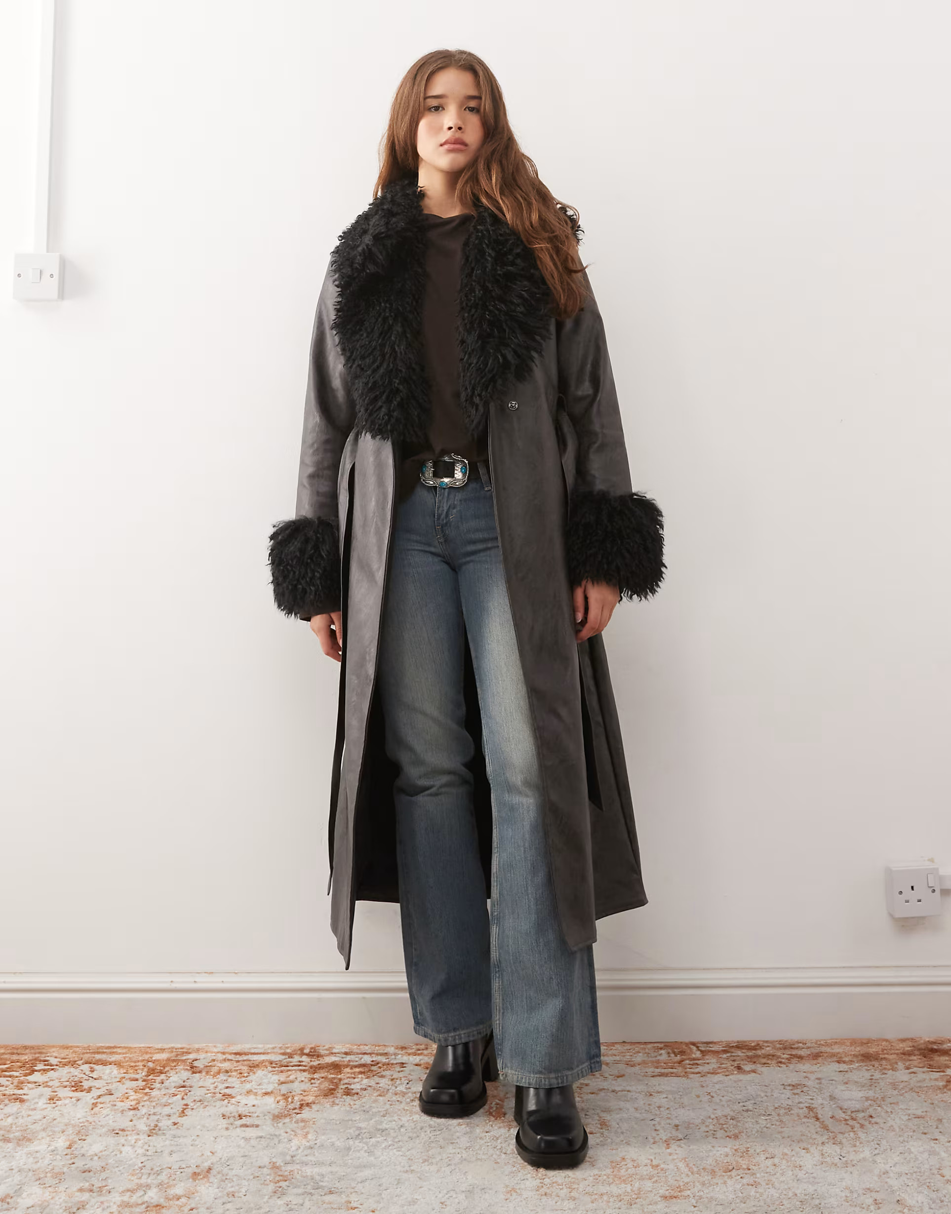 Reclaimed Vintage longline leather look trench coat with faux fur collar and cuffs in black | ASO... | ASOS (Global)
