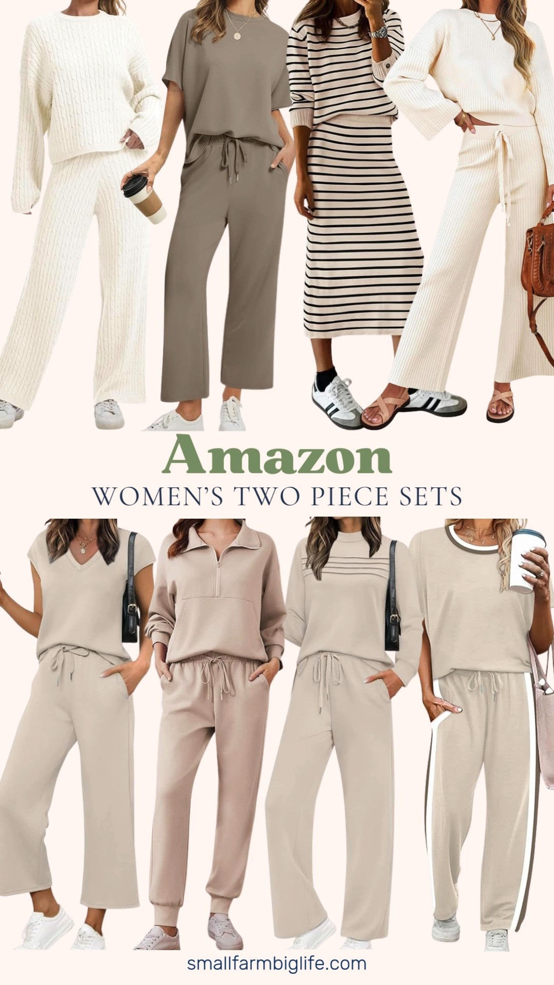 Easy outfits, zero thinking 🤍✨ Loving these women’s two piece sets from Amazon. Long sleeve tops with wide leg pants, cozy lounge sets, quarter zip and jogger matching sets, and soft sweater sets that feel put together but comfy. From cable knit sweater sets to cream and black striped sweater + skirt combos, these are perfect for travel days, errands, lounging, or casual weekends 🙌 

 #LTKootd #LTKOver40 #LTKFindsUnder50