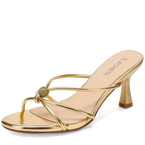 Women's Kitten Heels Sandals Round Open Toe Strappy Low Heels Slip On Heeled Sandals for Dress Casual Party Wedding Comfortable Summer Mules Shoes (Gold, US Footwear Size System, Adult, Women, Numeric, Medium, 9) | Amazon (US)