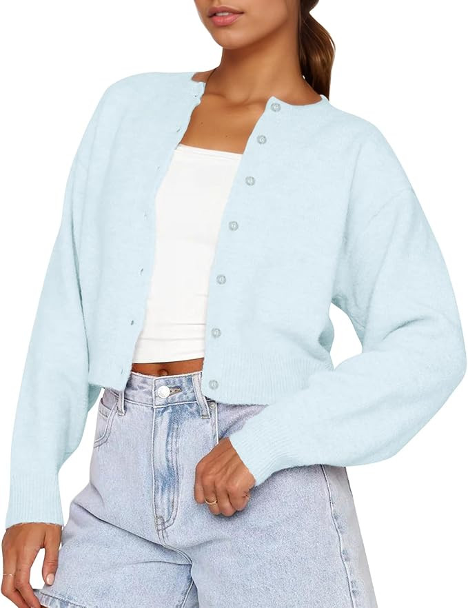 Cioatin Women Y2K Open Front Button Down Crop Sweater Cardigan Long Sleeve Lightweight Knit Pullo... | Amazon (US)