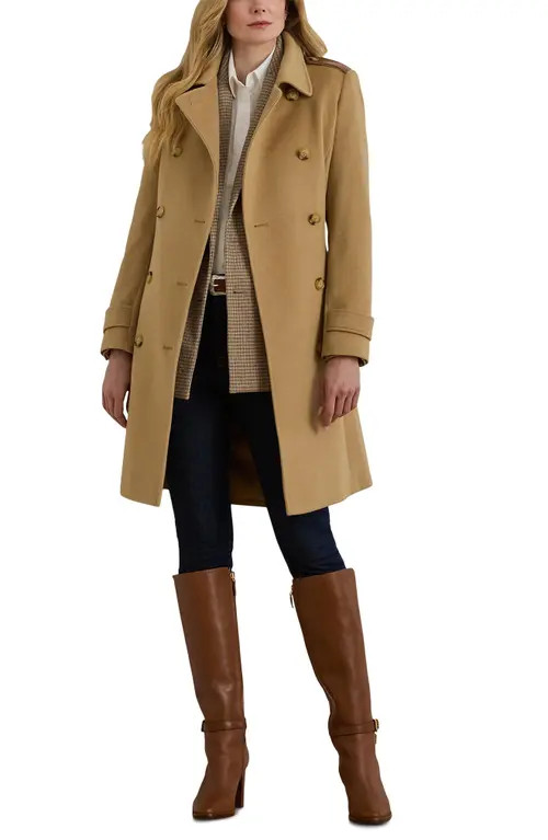 Lauren Ralph Lauren Faux Leather Detail Wool Blend Coat in Camel at Nordstrom, Size 0 | Nordstrom