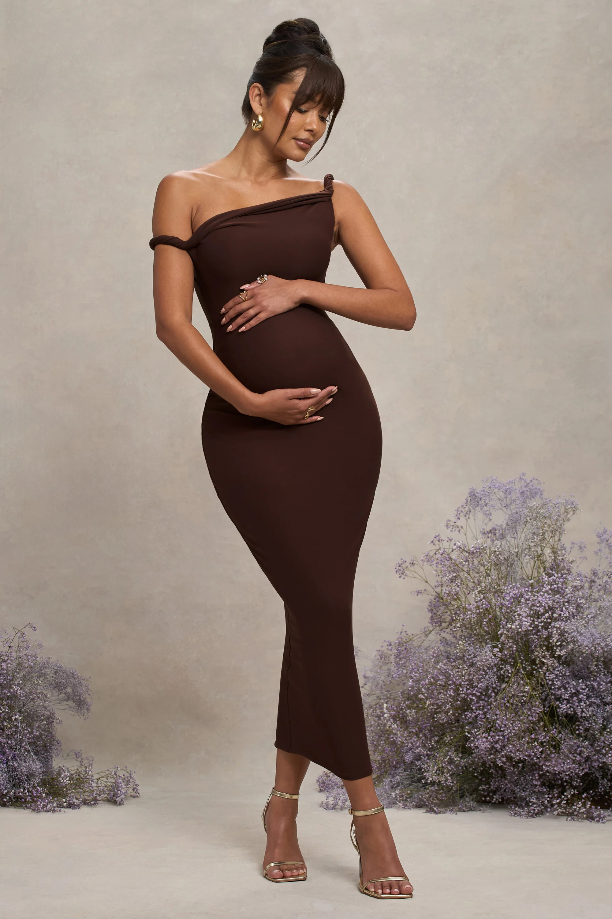 Salome | Chocolate Brown Twisted Asymmetric Maternity Midi Dress | Club L London