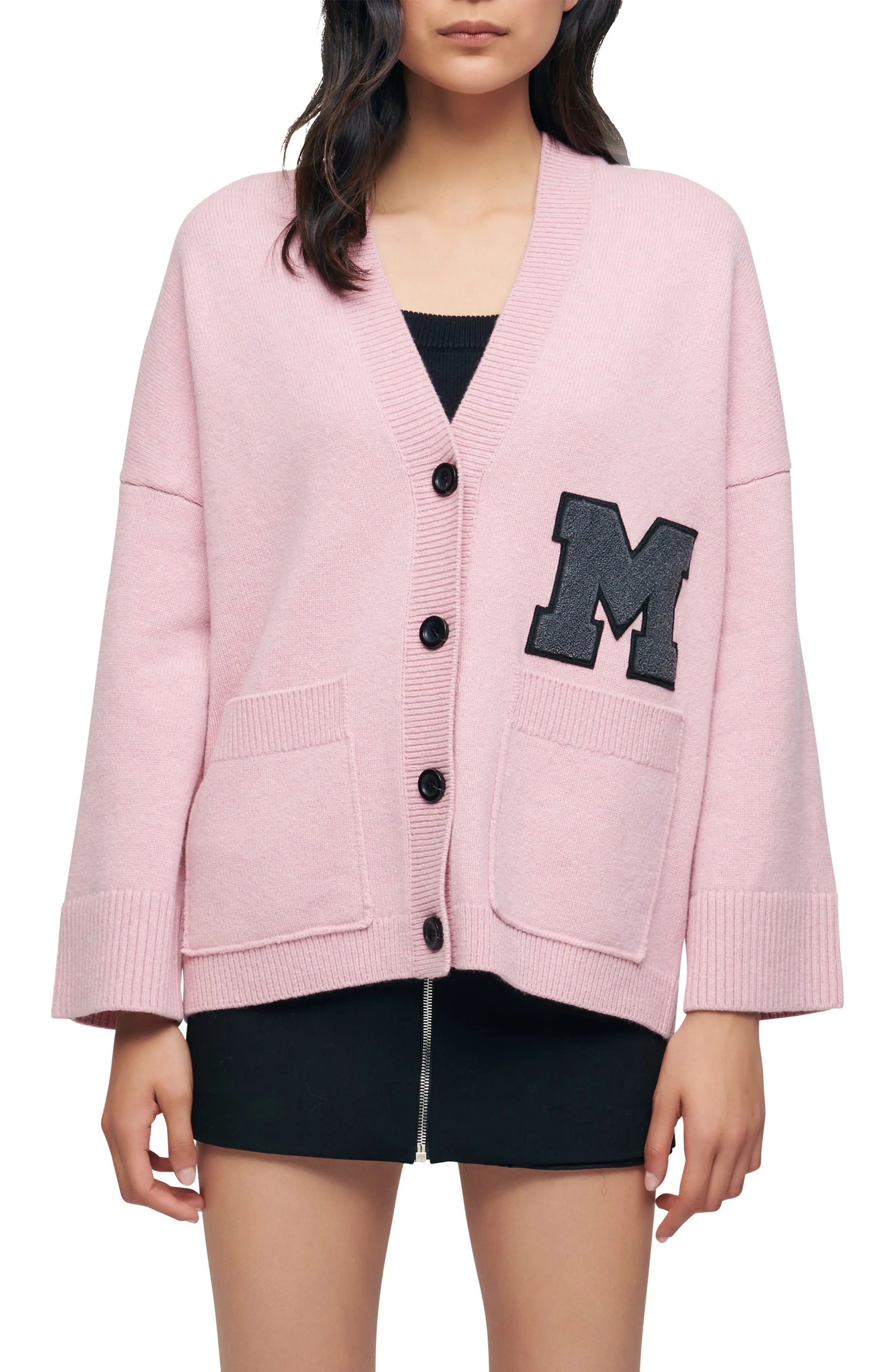 maje Maissane Varsity Wool Cardigan in Pink at Nordstrom, Size 3 | Nordstrom