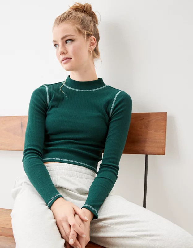 AE Long-Sleeve Mock Neck T-Shirt | American Eagle Outfitters (US & CA)