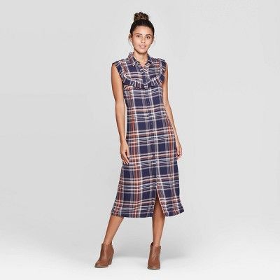 Women's Plaid Sleeveless Ruffle Midi Dress - Universal Thread™ Blue | Target