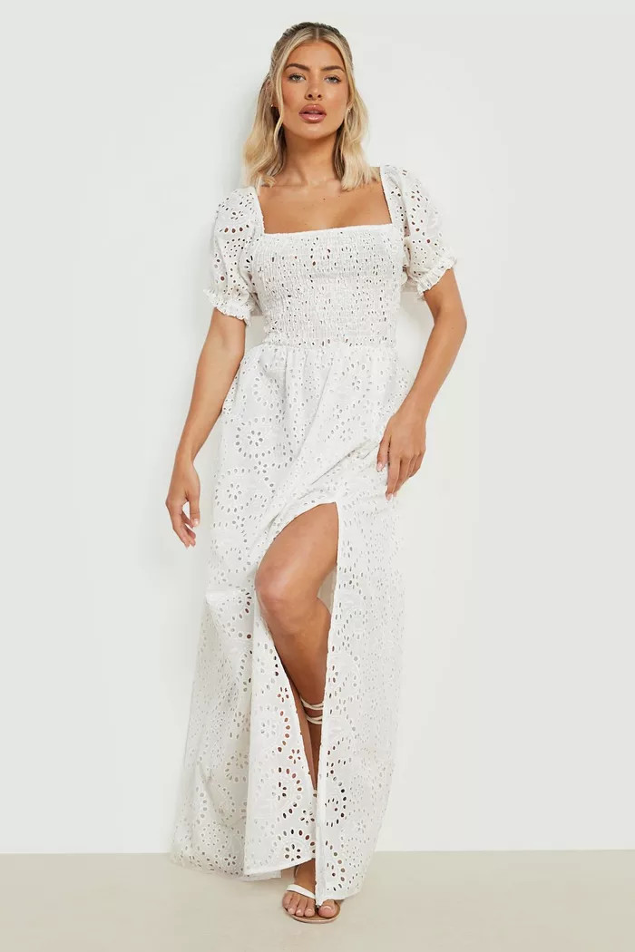 Broderie Shirred Puff Sleeve Maxi Dress | Boohoo.com (UK & IE)