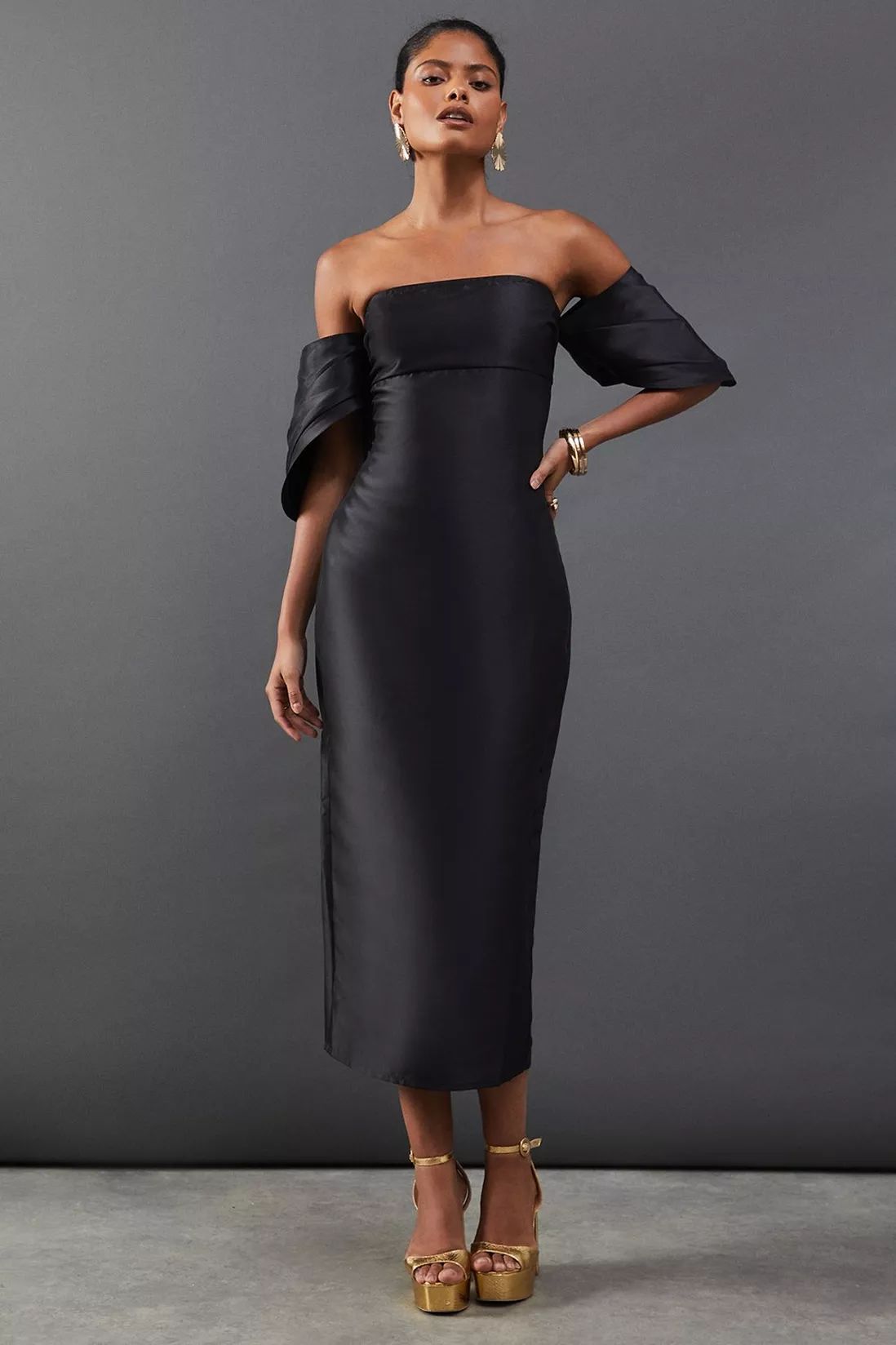 Structured Puff Sleeve Bardot Midi Dress | Debenhams UK