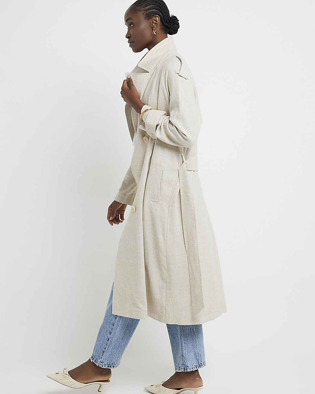 Cream linen blend belted trench coat | River Island (UK & IE)