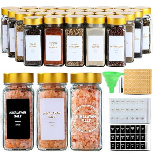 JARXSUN Glass Spice Jars with Label, 36 Pcs Spice Jars with Shaker Lids-4 oz Gold Spice Seasoning Jars Bottles Containers Set for Spice Rack (36) | Amazon (US)