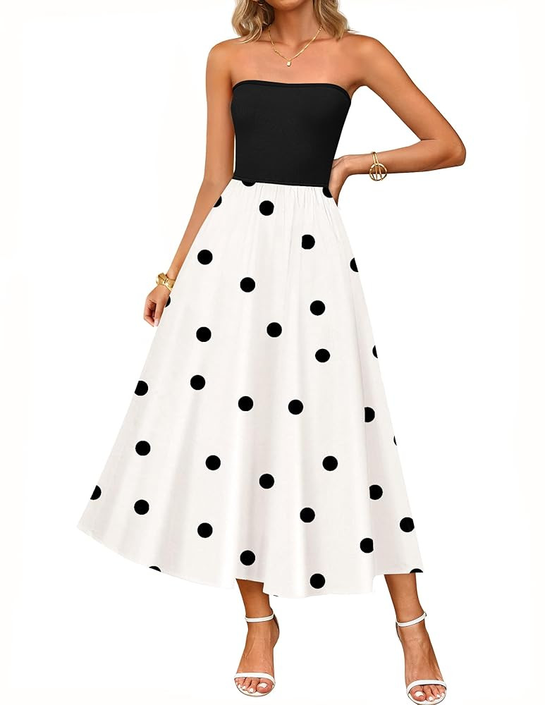 ZESICA Women's 2025 Summer Boho Strapless Midi Dress Off Shoulder Polka Dot Printed Flowy A Line ... | Amazon (US)