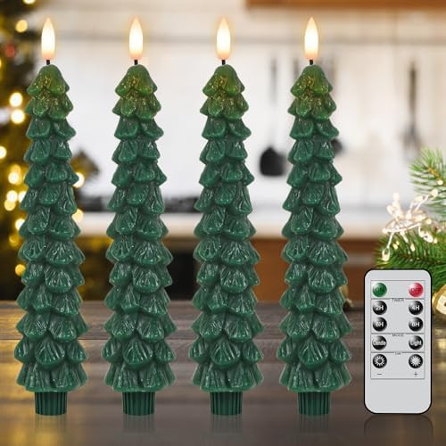 Christmas Tree Candles with Remote Timer, 4 Pcs Waxy Flameless Taper Candles Flickering, Battery ... | Amazon (US)