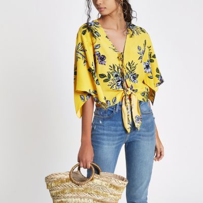 Yellow tie front floral cape top | River Island (UK & IE)