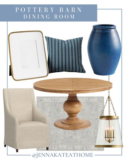 Pottery barn coastal style dining room with area rug, round dining room table, fabric chairs, gold light fixtures, gold picture frames, throw pillows, blue ceramic vase, home decor

#LTKHome #LTKFamily
