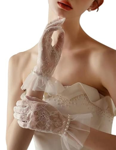 GRYUIRY Short Lace Gloves Mesh Tulle Glove with Pearls Wedding Opera Tea Party Gloves for Women Formal Ivory | Amazon (US)