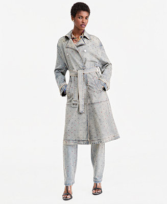 Women's Double-Breasted Belted Rhinestone Denim Trench Coat | Macy's